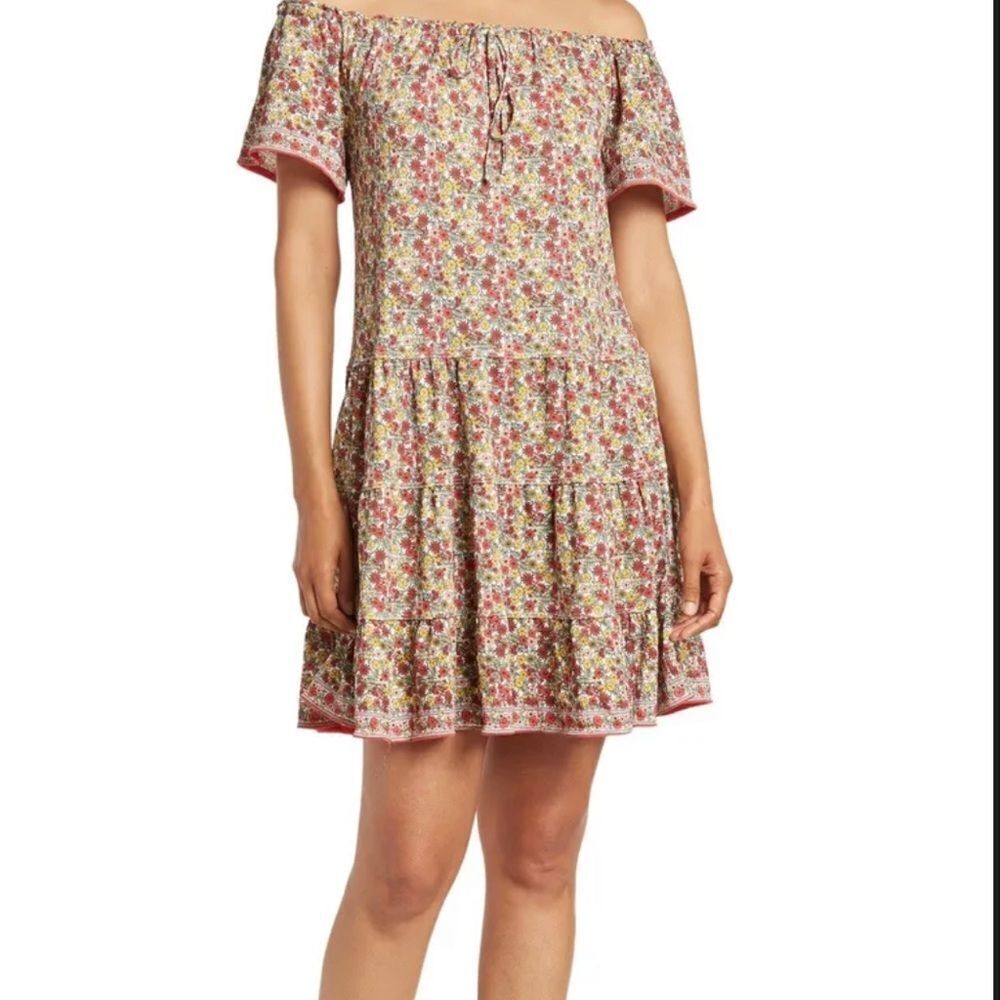 Max Studio Ditsy Short Sleeve Floral Tiered Jersey Shift Dress Sz L New